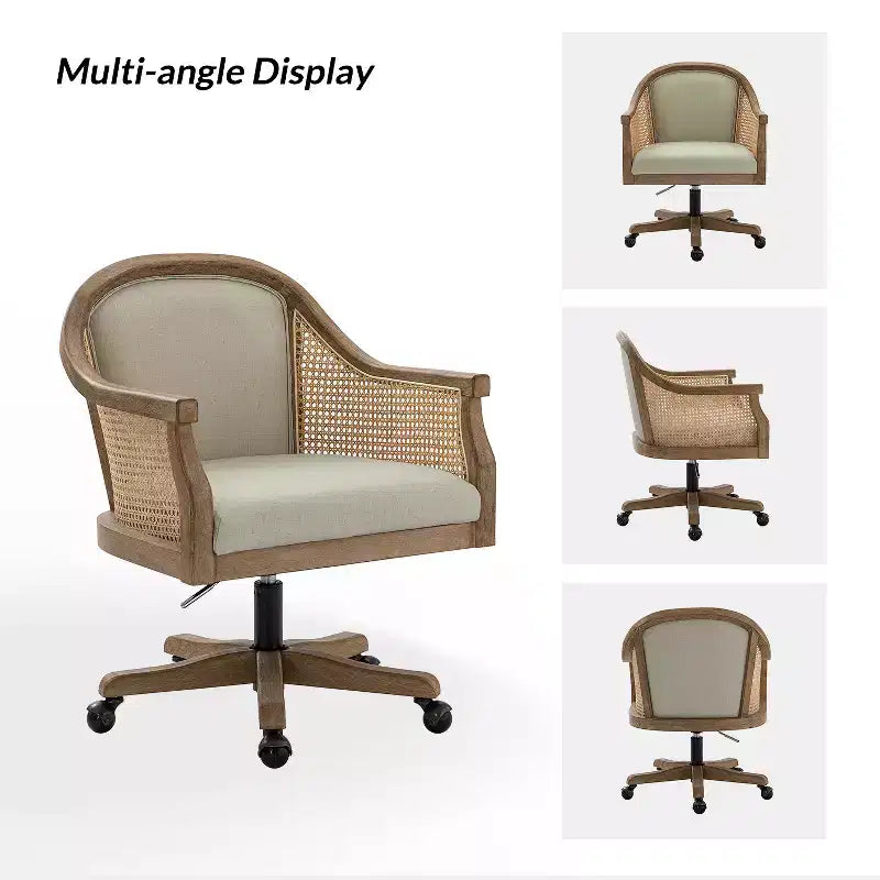 Sedia da lavoro girevole con braccioli in rattan e cuscino in misto lino naturale e schiuma | ARTFUL LIVING DESIGN
