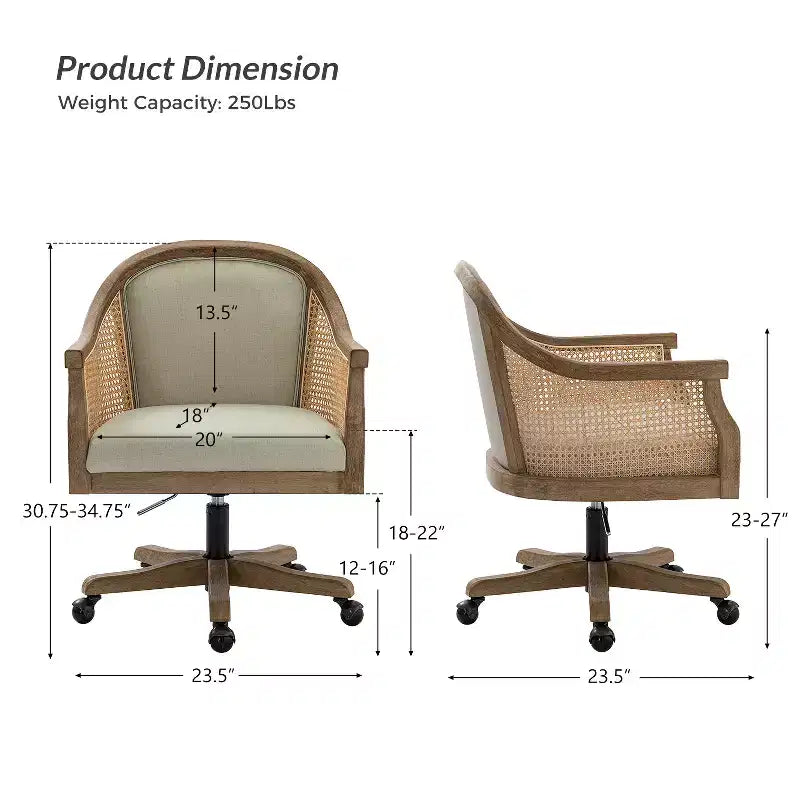 Sedia da lavoro girevole con braccioli in rattan e cuscino in misto lino naturale e schiuma | ARTFUL LIVING DESIGN