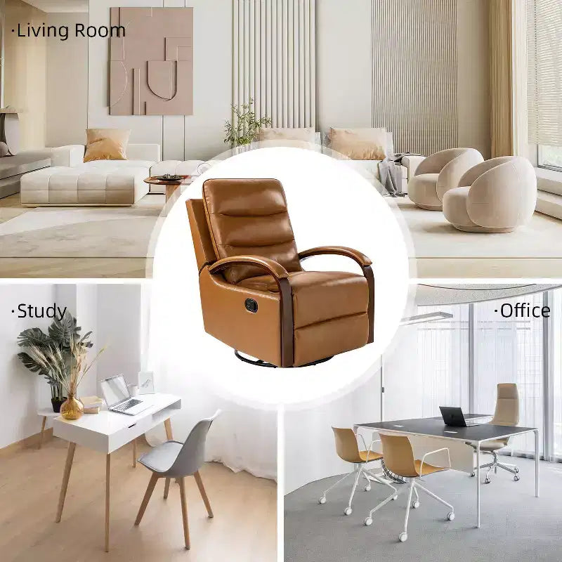 Poltrona Reclinabile Manuale Girevole e Basculante in Vera Pelle con Braccioli Curvi Decorativi|