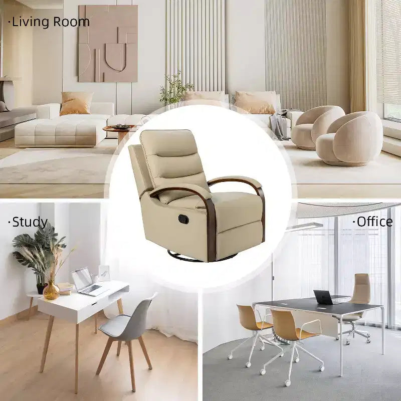 Poltrona Reclinabile Manuale Girevole e Basculante in Vera Pelle con Braccioli Curvi Decorativi|